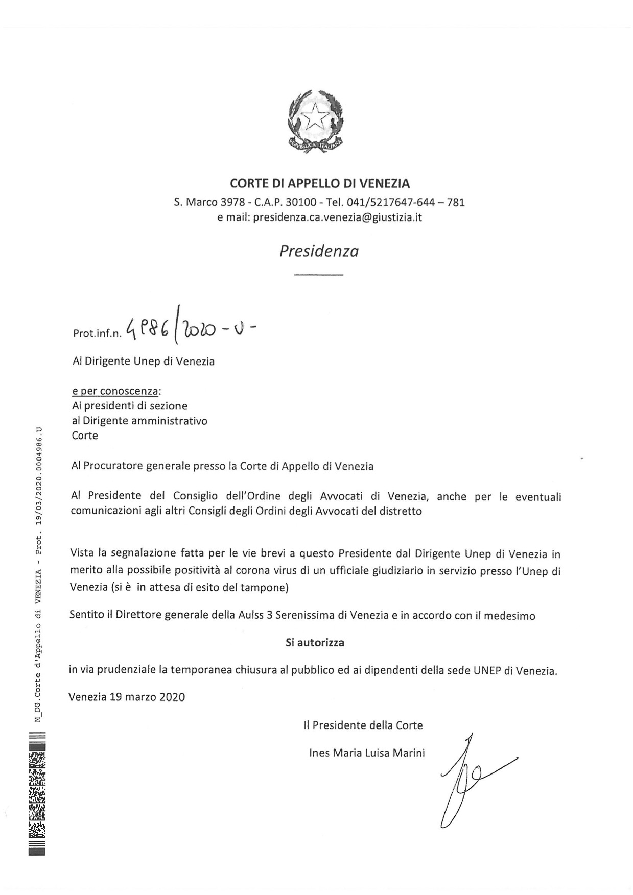 Provvedimento Presidente Corte d'Appello di Venezia 19.03.2020 in merito alla chiusura temporanea degli Uffici UNEP